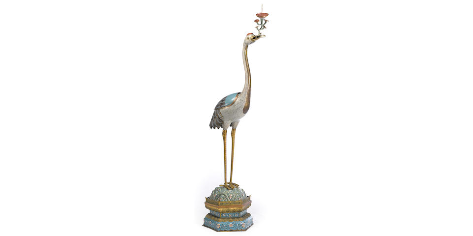 A massive cloisonn&#233; enameled metal crane and stand 20th century