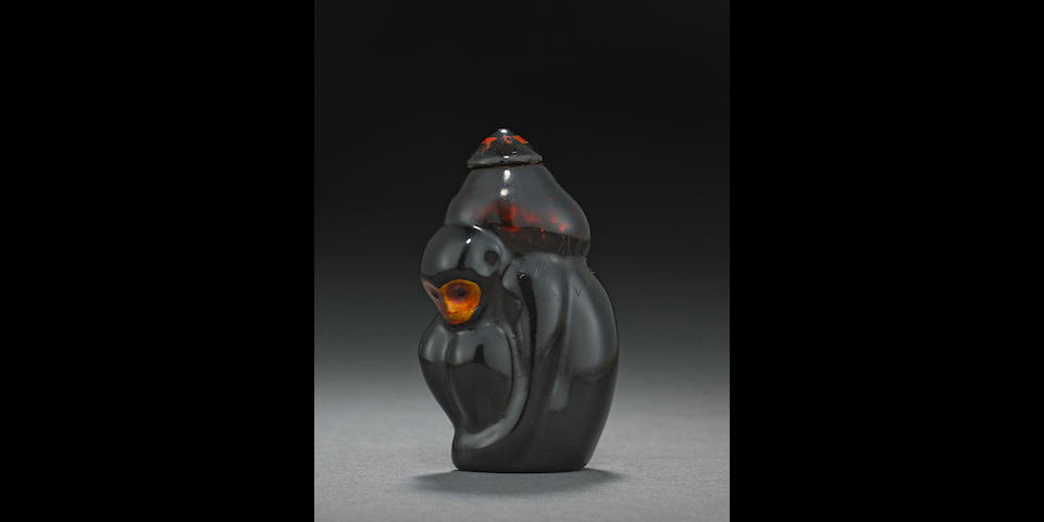 A lacquer on wood 'monkey' snuff bottle  Fuzhou, probably Imperial, 1750-1850