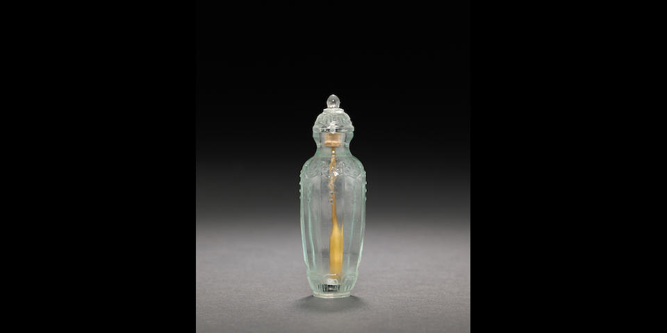 An aquamarine glass snuff bottle Probably Imperial, attributed to the Palace Workshops, Beijing, 1750-1800