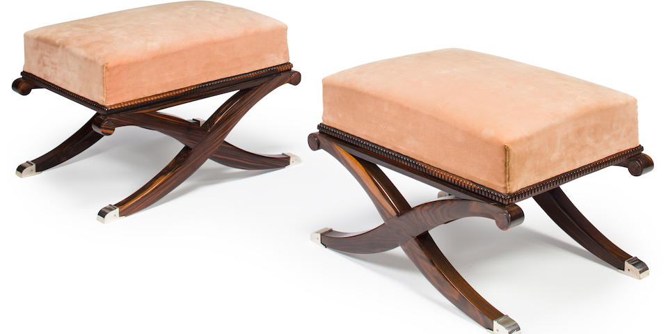A pair of Emile-Jacques Ruhlmann macassar ebony and silvered bronze stools Created for the Viville-Yardley Showroom, 24 avenue de l'Op&#233;ra, Paris, circa 1926