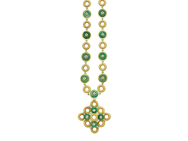 A jadeite jade and diamond pendant-necklace