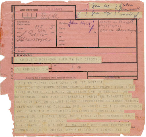 German Surrender telegram: Sent by Doenitz to his commanders in the field, recovered from Field Marshal Ritter von Greim, Commander of the Luftwaffe. captured [Munich?], 8th May 1945 8 x 8 in (21 x 21 cm)