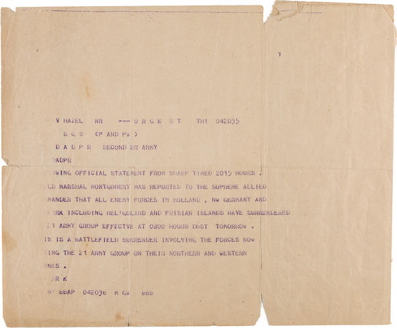 WWII Signal from 2nd British Army advising surrender of German forces  8 x 13 in (21 x 34 cm)