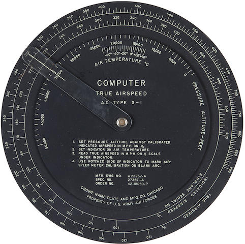 Capt. Robert A. Lewis' Original Computer: true airspeed circular dial AC Type G-1 manufactured by Crowe Name plate & MFG Co, Chicago,  [issued and used July/August 1945] Diameter 8 in (205 mm)  1