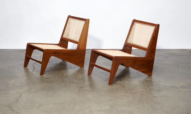 Pierre Jeanneret  Pair of Kangourou fireside chairscirca 1955sissoo and rattanheight 25 1/2in (64.5cm); width 19in (48.5cm); depth 26in (66cm)
