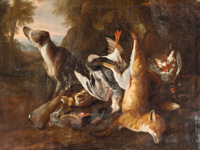 Peter Caulitz (Berlin circa 1650-1719) Cocks, chickens and turkeys with pigeons flying above a yard before a mansion; A hound watching a dead red fox, a dead mallard, a gray partridge, a woodcock and a bullfinch at the foot of a tree at the edge of a wood (a pair) 63 1/2 x 58 3/4in (161.3 x 149.2cm)