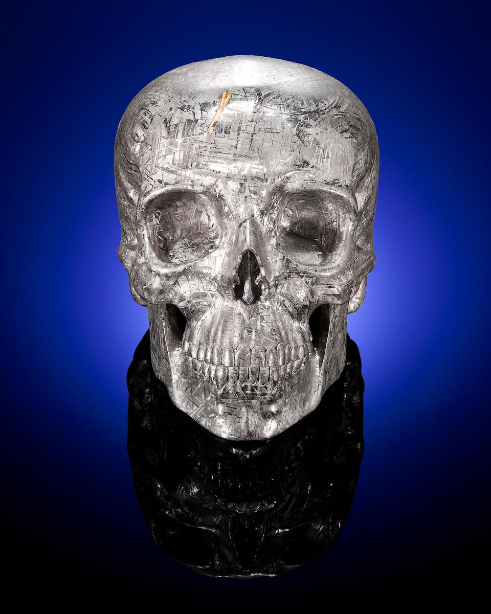 Unique Life-sized Skull-form Carving of a Gibeon Meteorite with Tridymite Inclusion By Lee Downey