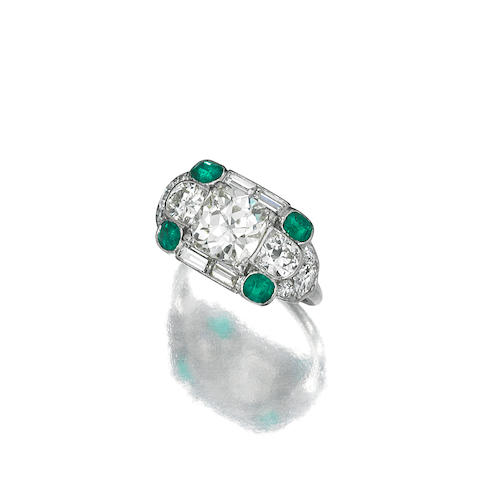 An art deco diamond and emerald ring,