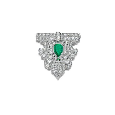 An emerald and diamond clip brooch