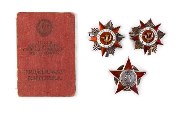 Jewish Soldier's Red Army Passbook, Order of the Red Star and 1st and 2nd Class Order of the Patriotic War Badges, 1943-1948 Passbook: 4 x 3 in (10 x 7.6 cm); medals: 2 x 2 in (5 x 5 cm) 4
