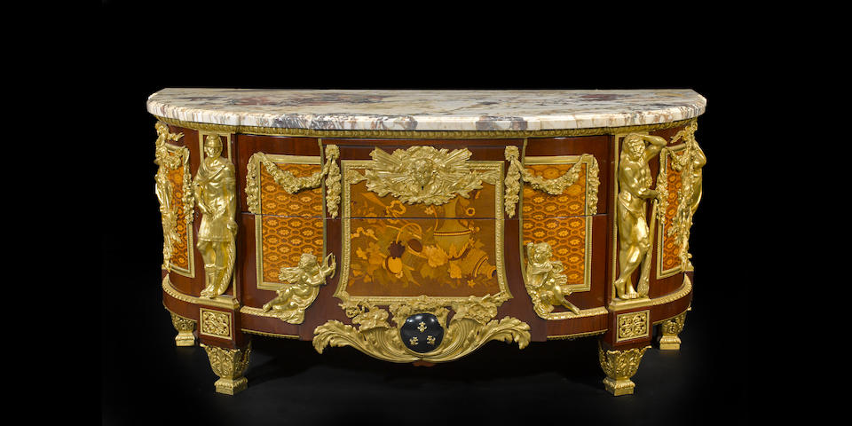 A Regal R&#233;gence style gilt bronze mounted parquetry commode after a model by J.H. Riesener, now in the Mus&#233;e Cond&#233;, Chantillyfourth quarter 19th century