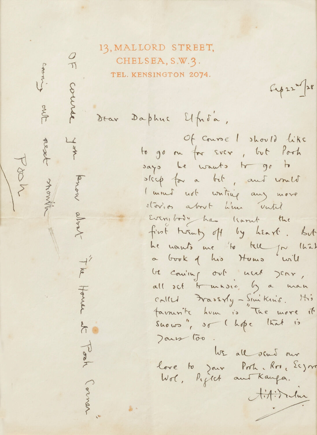 Bonhams Milne Alan Alexander 18 1956 Autograph Letter Signed A A Milne 1 P 8vo London September 22 1928