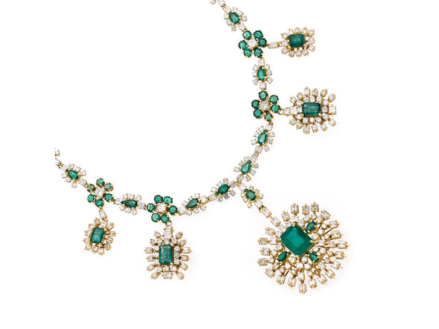 An emerald and diamond floral and cluster pendant necklace