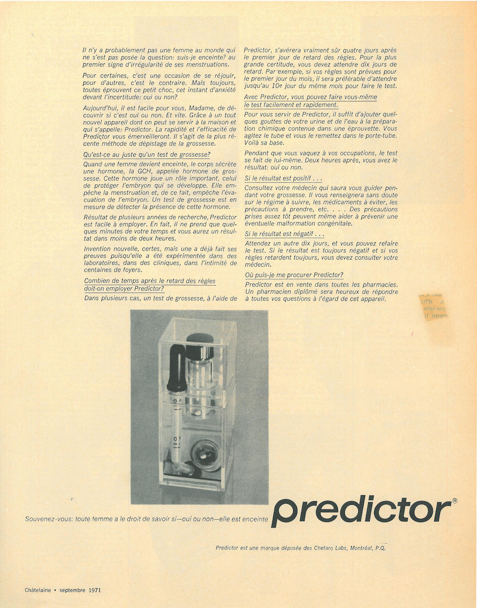 CRANE, MARGARET, INVENTOR&#8212;THE FIRST HOME PREGNANCY TEST. Original Predictor home pregnancy test prototype, 1968.