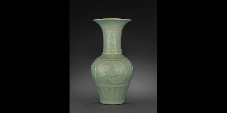 A fine and rare Longquan celadon vase with molded decoration Yuan dynasty