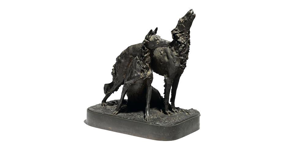 A French patinated bronze group of two hounds