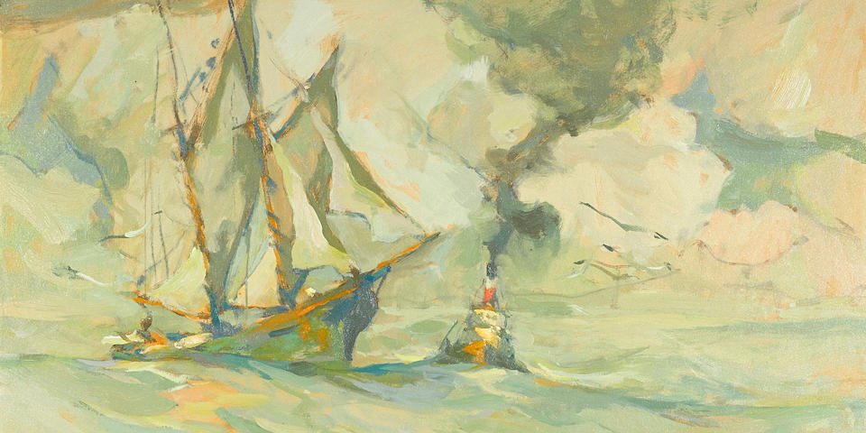 Armin Hansen (American, 1886-1957) Towboat longside 18 x 22 1/4in overall: 27 x 31in