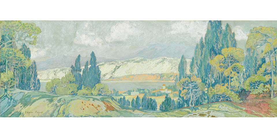 Edgar Payne (1883-1947) Landscape with distant lake 9 x 25 1/2in