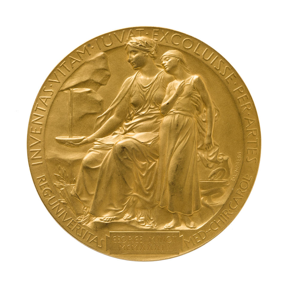 THE 1934 NOBEL PRIZE MEDAL FOR PHYSIOLOGY OR MEDICINE.  PRESENTED TO GEORGE MINOT FOR HIS PIONEERING WORK ON PERNICIOUS ANEMIA.