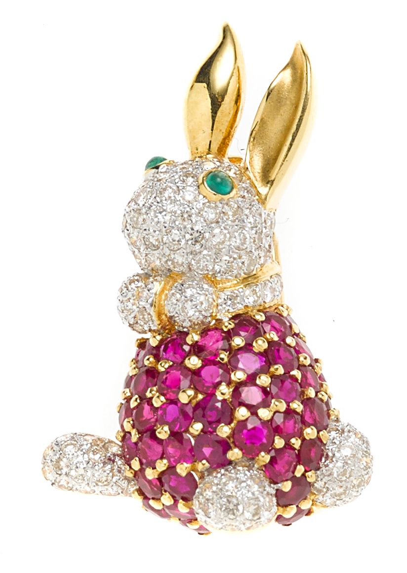 A ruby, emerald and diamond rabbit brooch
