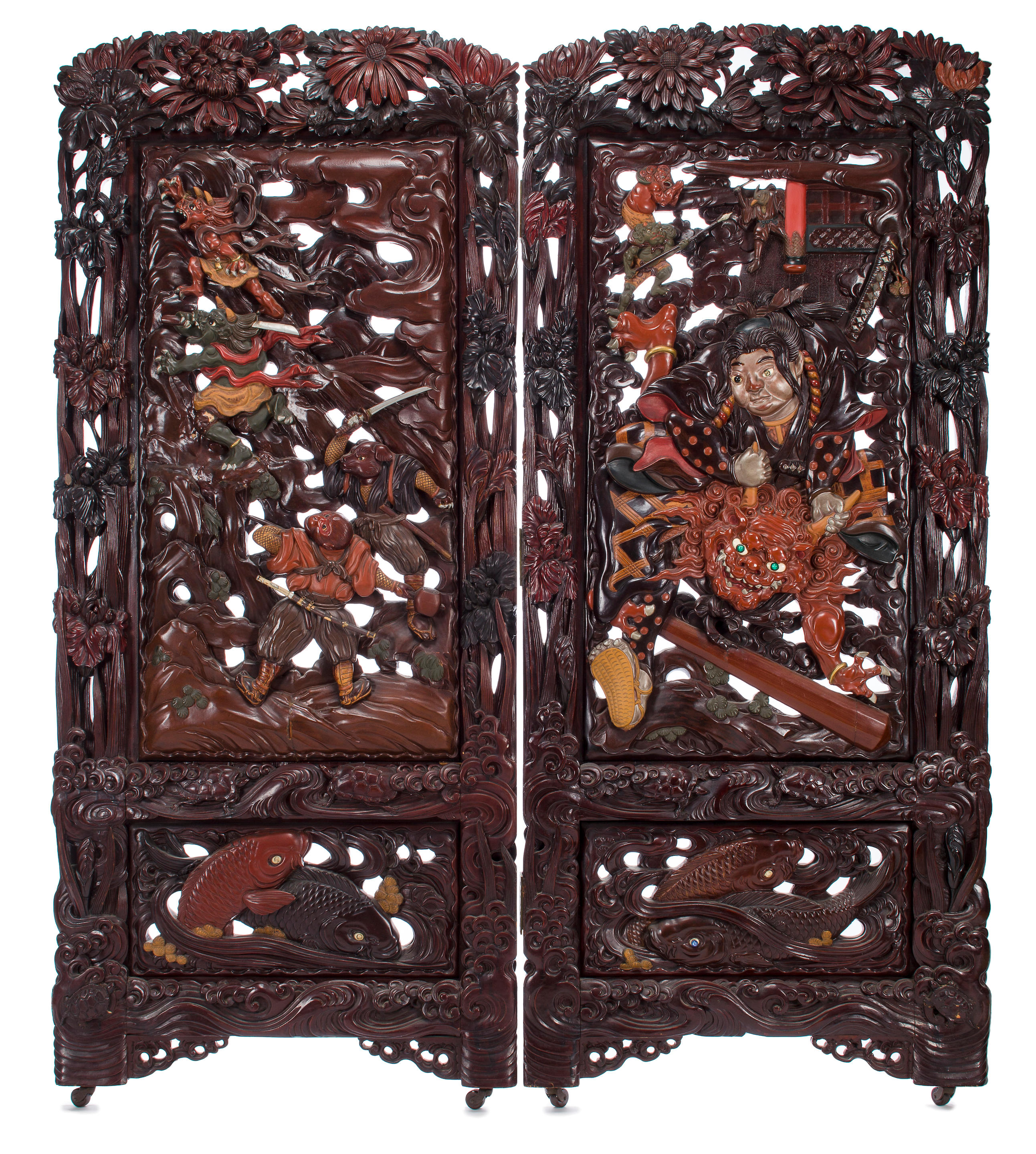 A large and impressive lacquered and carved two-panel wood screen Meiji era (1868-1912), late 19th century