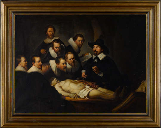 The Anatomy Lesson of Dr. Nicolaes Tulp.  Group portrait after Rembrandt Van Rijn, unattributed, oil on canvas, approx. 31 x 23½, framed to 38 x 30½, depicting a group of men watching a dissection, c. 1950. image 1