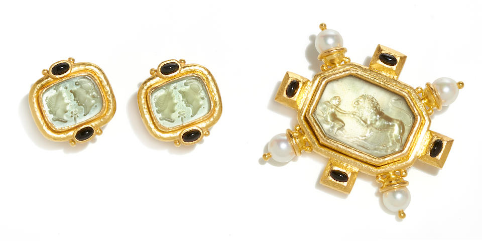 A glass, onyx, cultured pearl and mother-of-pearl brooch with a pair of coordinating earclips, Elizabeth Locke