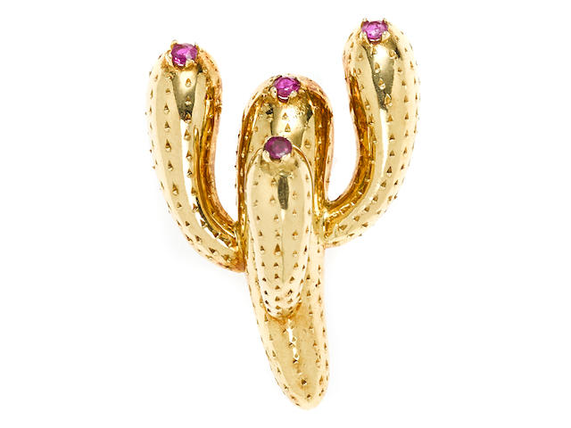A ruby and 18k gold cactus brooch, Tiffany & Co.