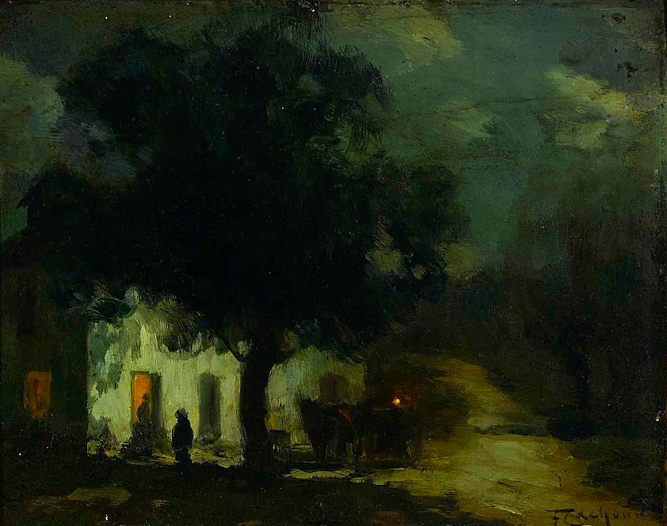 Fran&#231;ois Charles Cachoud (French, 1866-1943) A moonlit scene with a figure and a cow watering at a pond; A nocturnal scene with figures in front of an inn (2) first 8 1/2 x 10 1/2in; second 7 1/4 x 9 1/2 inches
