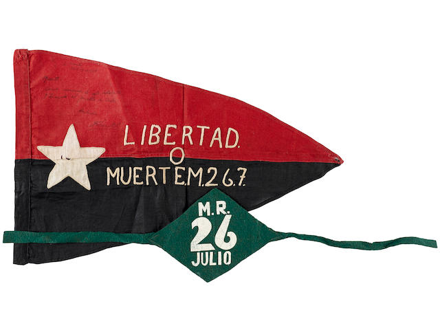 CUBAN REVOLTIONARY FLAG "LIBERTAD O MUERTE": 26TH JULY MOVEMENT FLAG SIGNED BY FIDEL CASTRO, WITH A REVOLUTIONARY ARMBAND, THE FLAG DATED 18 APRIL 1958 Flag: 12 x 18in (30 x 46cm); armband: 6 x 5in (15 x 13cm)