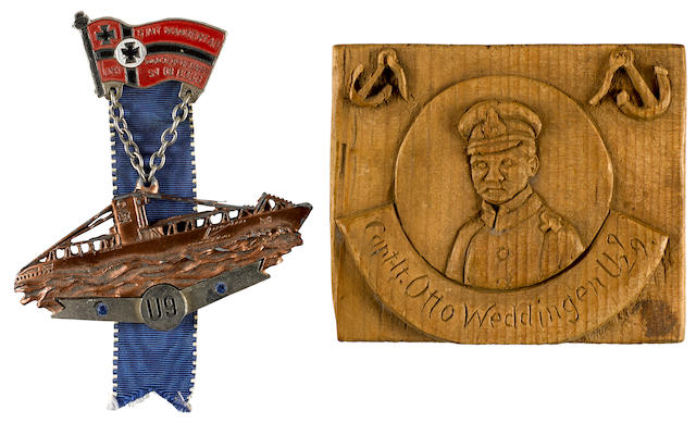 TRENCH ART PORTRAIT PLAQUE OF CAPTAIN LIEUTENANT OTTO WEDDINGEN, COMMEMORATIVE MEDAL AND MUG SALVAGED FROM SS MEDINA, 1914-1918 Various sizes 3