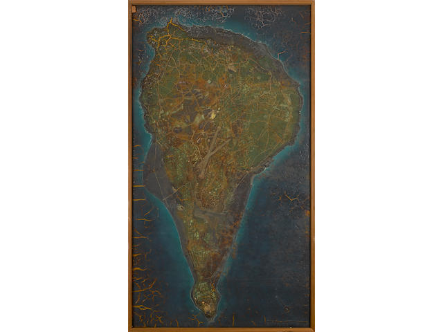 IWO JIMA CAMPAIGN: A US MODEL RELIEF MAP OF IWO JIMA USED FOR PLANNING PURPOSES, FEBRUARY 1945 70.5 x 39in (179 x 99cm)