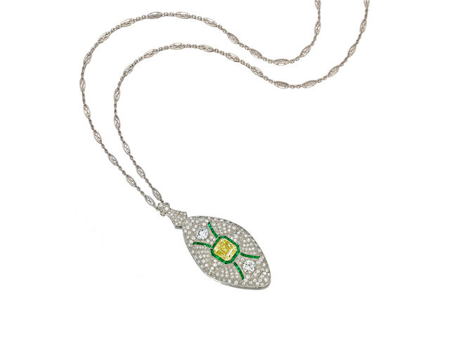 An art deco colored diamond, diamond, emerald and platinum brooch/pendant/necklace,