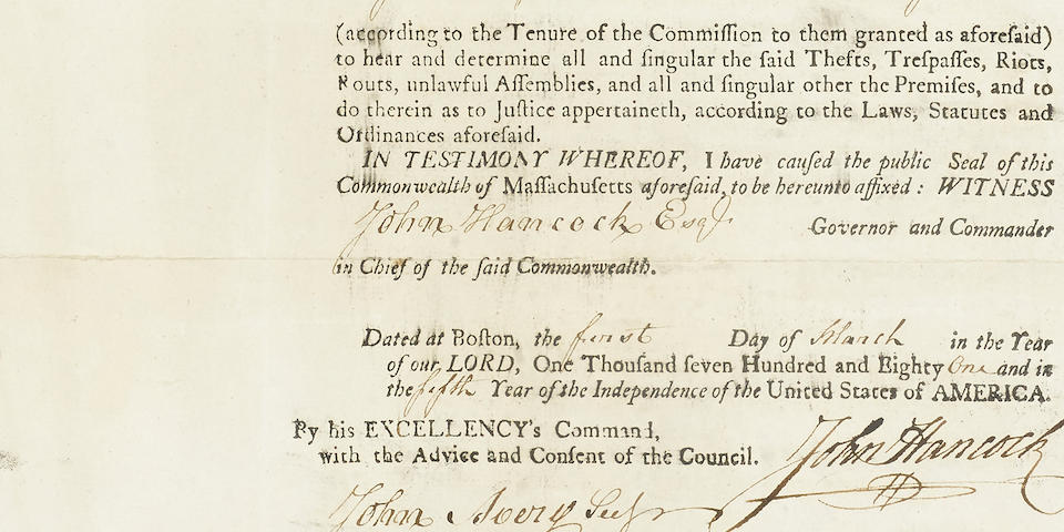 HANCOCK, JOHN. 1737-1793. Document Signed ("John Hancock"), 1 p, folio,