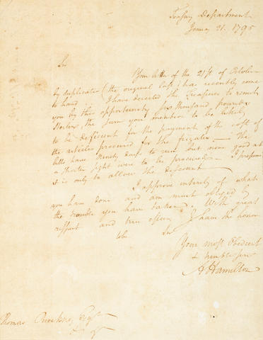 HAMILTON, ALEXANDER. 1757-1804. Autograph Letter Signed ("A Hamilton"), 1 p, 4to,