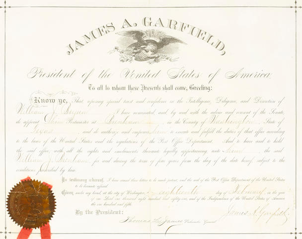 GARFIELD, JAMES ABRAM. 1831-1881. Document Signed ("James A. Garfield") as President, 1 p, folio, Washington D.C., February 18, 1881,