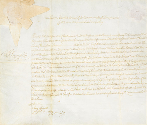 FRANKLIN, BENJAMIN. 1706-1790. Document Signed (B. Franklin), 1 p, oblong folio, image 1