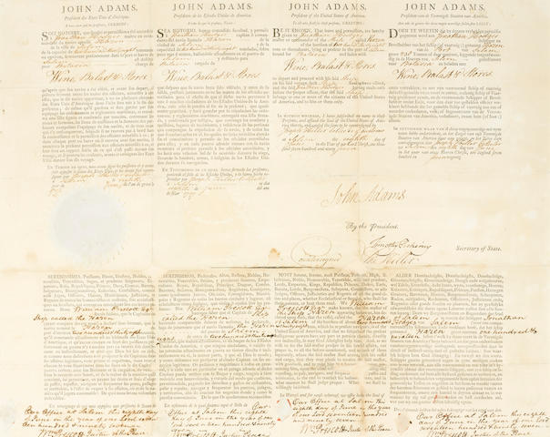 ADAMS, JOHN. 1735-1826. Document Signed ("John Adams") as President,