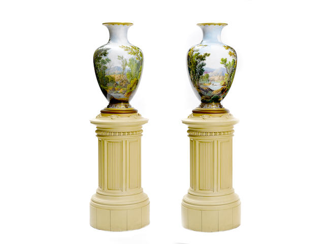 A fine and imposing pair of Baccarat enameled opaque white glass landscape vases  dated May 20, 1866