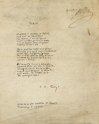 CUMMINGS, EDWARD ESTLIN. 1894-1962. Autograph Manuscript Signed ("E.E. Cummings"), headed "Poem",
