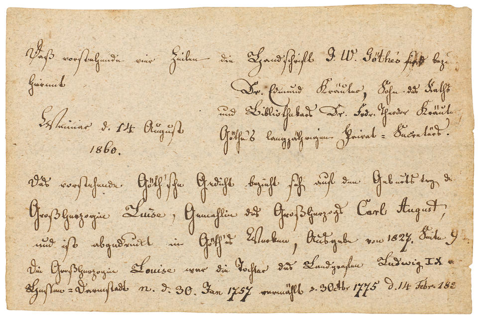 GOETHE, JOHANN WOLFGANG VON. 1749-1832. Autograph Quatrain, oblong 8vo, n.p., [January 30, 1814?],