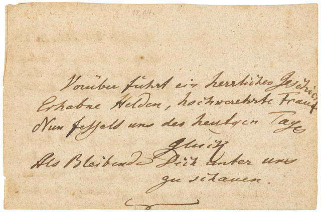 GOETHE, JOHANN WOLFGANG VON. 1749-1832. Autograph Quatrain, oblong 8vo, n.p., [January 30, 1814?],
