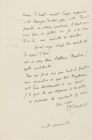 FLAUBERT, GUSTAVE. 1821-1880. Autograph Letter Signed ("Gu. Flaubert"), 3 1/2 pp recto and verso, 8vo
