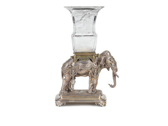An important Baccarat crystal and silvered bronze elephant vase circa 1880