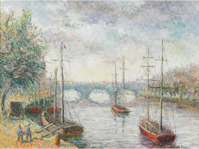 Hughes Claude Pissarro (French, born 1935) Le pont Saint-Marin &#224; Lancret-Javal 20 x 24 1/4 in. (51 x 61.5 cm)