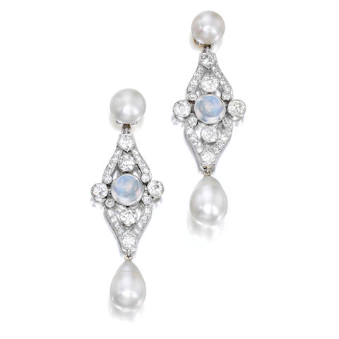 Bonhams : A pair of diamond, natural pearl and moonstone ear pendants