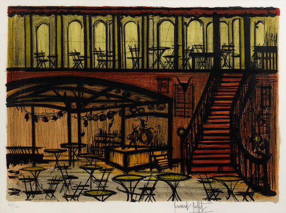Bernard Buffet (French, 1928-1999) La Taverne, from Carmen. Decors and Costumes Lithograph in colors on wove paper, signed in pencil and numbered 82/180 (there were also 20 artist's proofs), with margins, framed (not examined out of frame). sight 21 1/2 x 28 1/2in image 1