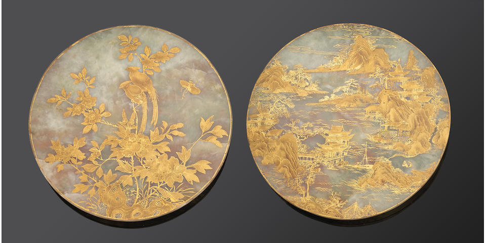 A pair of gilt decorated serpentine circular plaques  Late Qing/Republic period
