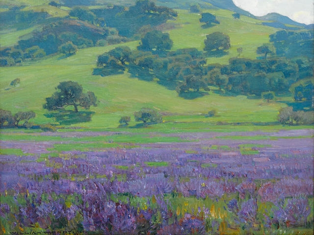 William Wendt (American, 1865-1946) Lupine patch 25 x 30in overall: 32 1/2 x 37 1/2in (Painted in 1921)
