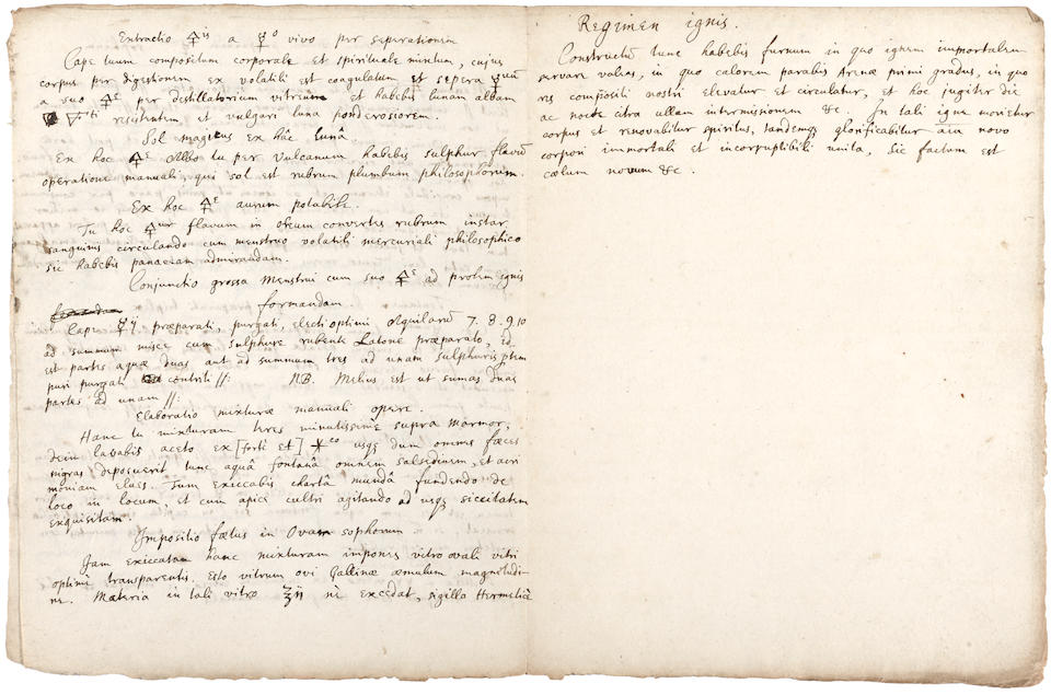 NEWTON, ISAAC, SIR. 1642-1727. Autograph Manuscript in Latin and English, 4 full and 2 partial pp on conjoined leaves, 4to (200 x 155 mm), n.p., c. early 1670s], entitled: "Praeparatio mercurij ad lapidem per regulu/ am ferrum et Lunam , ex mss. Phi Americani" [Preparation of mercury to a stone through metallic antinomy and silver: from a manuscript of an American philosopher],